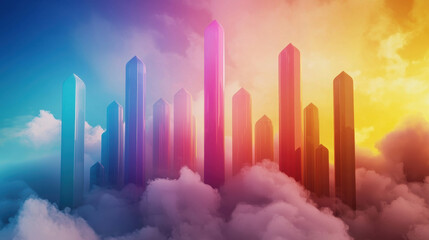 Fototapeta premium Vibrant Futuristic City Floating in the Sky with Tall Crystalline Structures Amidst Colorful Clouds at Sunrise