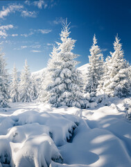 Vivid and fantastic snowy conifers covered with hoarfrost on a frosty day.