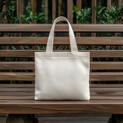 Simple cream tote bag placed on a wooden bench in a serene garden