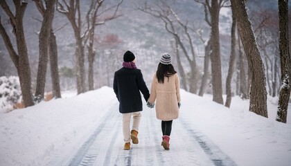 Naklejka premium 손을 잡고 눈이 내린 도시를 걷는 연인