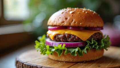 Juicy cheeseburger close-up for food blogs, restaurant menus, and fast food advertising campaigns - appetizing imagery for social media and culinary websites