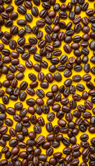 Diagonal pattern of coffee beans on yellow background, hyperrealism