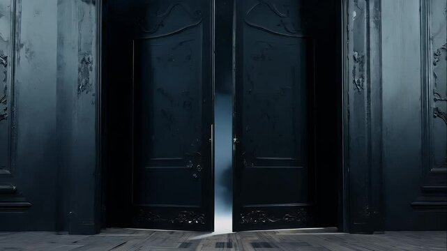 Double doors swinging open dramatically to reveal a black expanse beyond