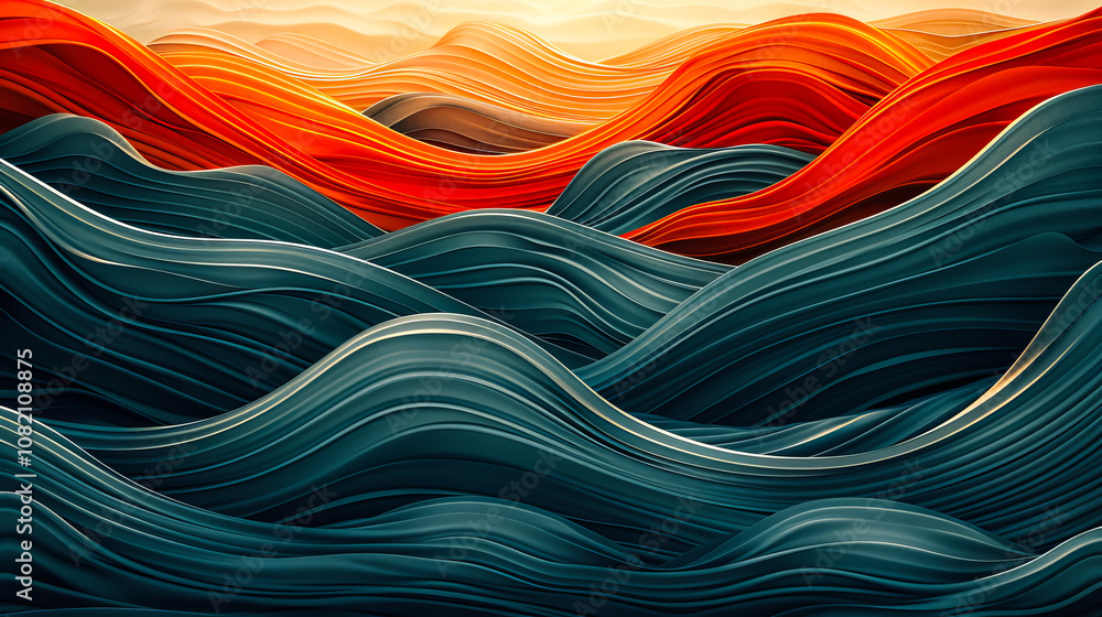 Poster vivid abstract waves of blue and orange blending in seamless flowing curves creating a dynamic backg