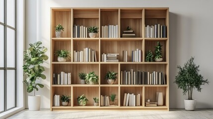 Fototapeta premium Bright minimalist living room featuring a stylish wooden bookcase filled with neatly arranged books and plants.