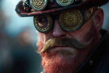 A person with a distinctive red beard, wearing a hat and goggles, in a neutral background