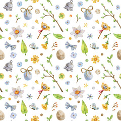 A seamless watercolor pattern with Easter-themed illustrations, branches, bows, daffodils and eggs. Ideal for wrapping paper, decor, and textile designs.