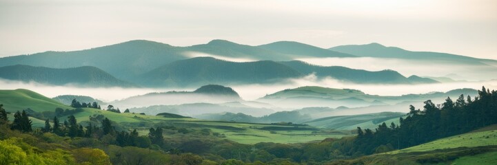 Obraz premium Serene Mountainscape: A tranquil panorama of rolling green hills and majestic mountains, enveloped in a mystical mist that creates a sense of awe.