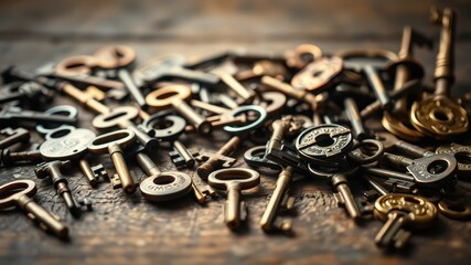 A chaotic scattering of antique keys, each with its own unique design and story, rests upon a weathered wooden surface, casting shadows that hint at a past filled with secrets and mysteries.