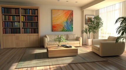 Fototapeta premium Contemporary minimalist living room showcasing a wooden bookcase, a minimalist coffee table, and abstract art.