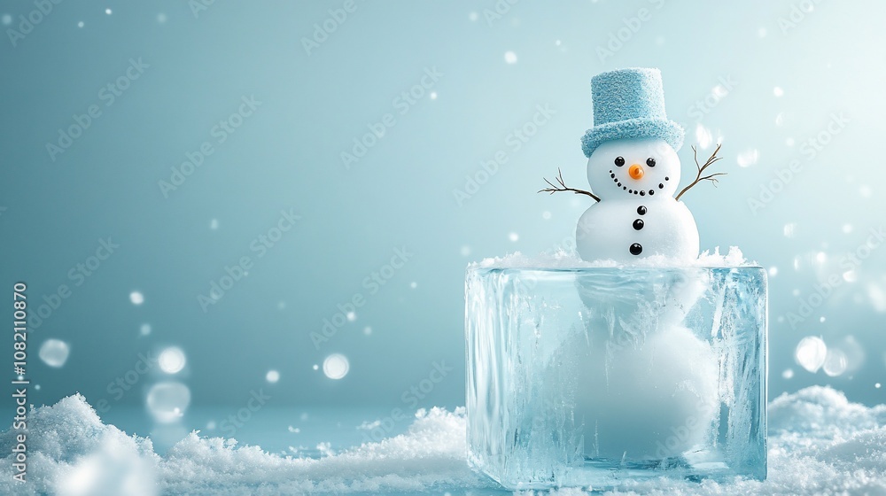 Poster a snowman stands inside a block of ice with a blue hat and twig arms on a snowy background with a bl
