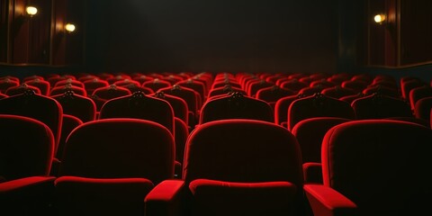 Fototapeta premium A symphony of crimson seats bathed in the warm glow of anticipation, a timeless theatre experience awaits