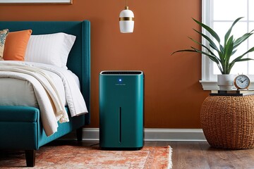 Bright Teal Modern Air Purifier and Dehumidifier in Muted Orange Wall Bedroom for Overall Health Improvement