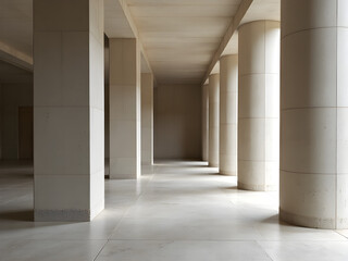Modern Minimalist Architecture: Beige Pillars, Hallway, Depth, Tranquility, Soft Light, Geometric Design, Interior Design, Serene Space, Matte Finish, Polished Floor