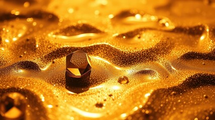 A single faceted gemstone rests on a shimmering, golden surface, catching the light and reflecting a thousand tiny sparkles.