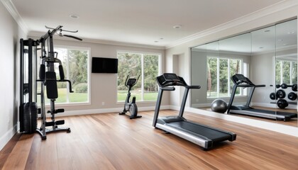 Fototapeta premium A home gym with wooden floors, sleek workout equipment, and a spacious design