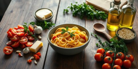 Aromatic Rustic Still Life Featuring Freshly Cooked Pasta with Tomatoes, Parsley, and Garlic on a Wooden Table