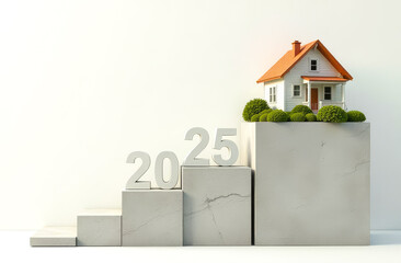 Numbers 2025 on the stairs and a private new house on a light background with copy space. Direction of development of the real estate market and private sector in 2025, purchase of a new home.