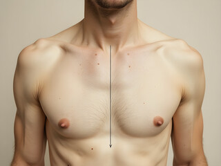 Male Torso Anatomy Diagram, Close-up, Beige Background, Natural Skin Texture, Body Hair, Musculature, Medical, Scientific, Vulnerable, Raw, Objective