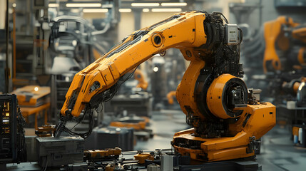Fototapeta premium 3D Illustration- Robotic Arm in a Futuristic Factory Setting