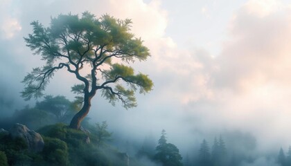 Fototapeta premium a lone tree on a mountain with fog in the air