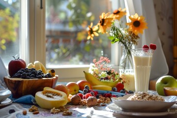 Sunny breakfast table with fresh fruit, nuts, and creamy oat smoothie by the window