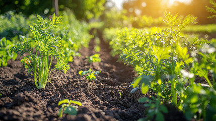Lush Green Rows of Healthy Carrot Plants Growing Tall Under Bright Sunlight in a Vibrant Garden Setting, Showcasing Nature's Bounty and Organic Farming Practices