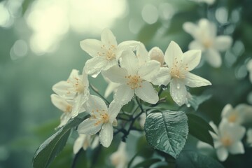 Obraz premium A bouquet of white flowers surrounded by green leaves