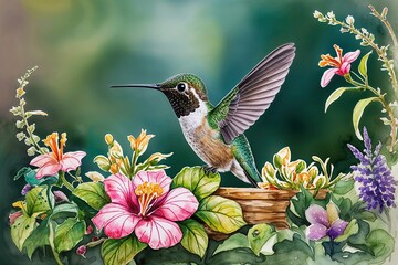 Fototapeta premium Dreamy Watercolor Hummingbird Nestled in Garden Flora and Nature