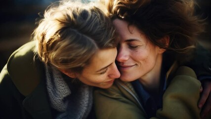 Happy lesbian couple hugging, smiling together, loving women romantic scene tenderness