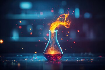 Fire element swirling in a chemical flask, glowing embers floating, vibrant colors, surrealistic style, high detail illustration