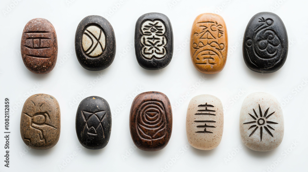 Aufkleber a minimalist display of various carved lucky stones aligned in a neat arrangement showcasing unique 