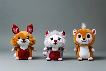 Fototapeta premium Charming Collection of 3 Plush Critter Figures Isolated on Soft Grey Background