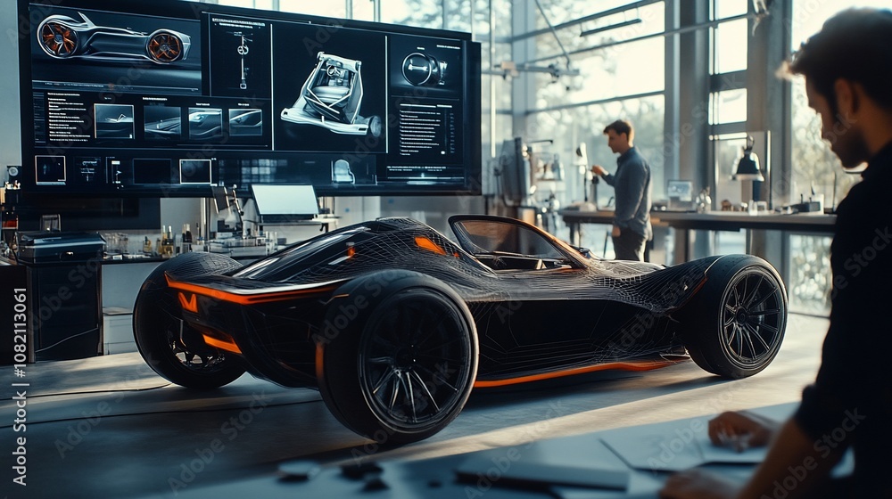 Poster two engineers work on the design of a futuristic sports car in a modern design studio.