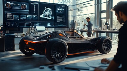 Two engineers work on the design of a futuristic sports car in a modern design studio.