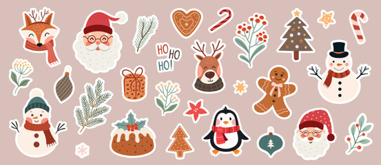 Christmas sticker set with cute characters and plants