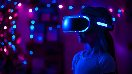 Photo Girl Wearing VR Headset, Christmas Lights Background