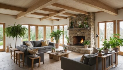Obraz premium A living room with a stone fireplace, wooden beams, and a collection of indoor plants to add warmth and nature