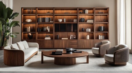 Minimalist-inspired living room with a wooden bookcase as the focal point, surrounded by understated furniture.
