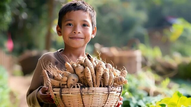 Proud young boy on a family farm in southeast asia, holding a basket of freshly harvested cassava roots, smiling happily in a vibrant rural setting