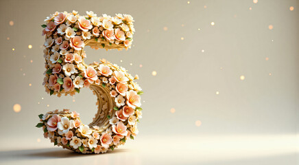 Creative floral design featuring number 5 composed of colorful blossoms in warm and pastel tones, arranged on a white background to evoke elegance and celebration.
