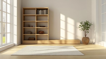 Fototapeta premium Modern living room with a clean minimalist design, featuring a tall wooden bookcase and a soft area rug.