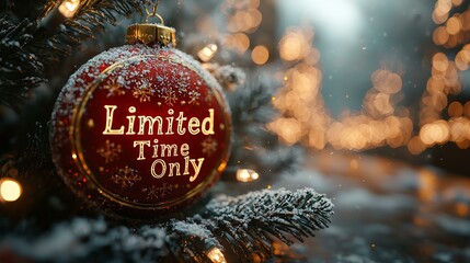 A festive ornament hanging on a Christmas tree, promoting a limited time offer.