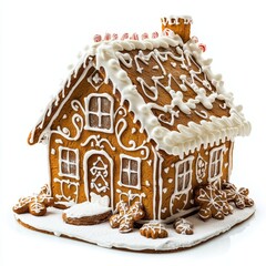 A Whimsical Gingerbread House Isolated on a Pure White Background.Concept of holiday season, winter, Christmas, coziness, home-baked goods, festive cheer.