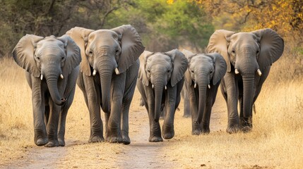 Fototapeta premium Five African Elephants Walking on a Dirt Path