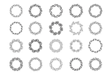 Set of hand drawn round spring wreaths isolated. Collection doodle floral frames. Silhouette circle of leaves.