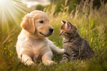 Golden Puppy and Kitten Friendship 