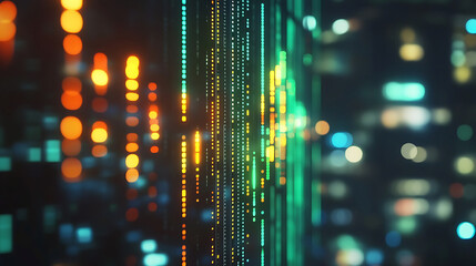 Abstract glowing big data chart on blurry city backdrop.Technology, investment and analysis concept
