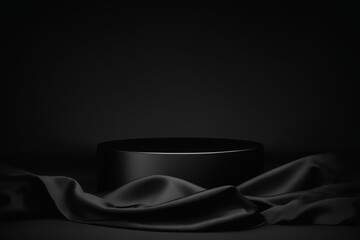 Black cylindrical podium on black silk fabric