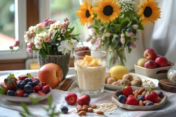 Cozy breakfast arrangement with fresh fruits, smoothie, and blooming sunflowers